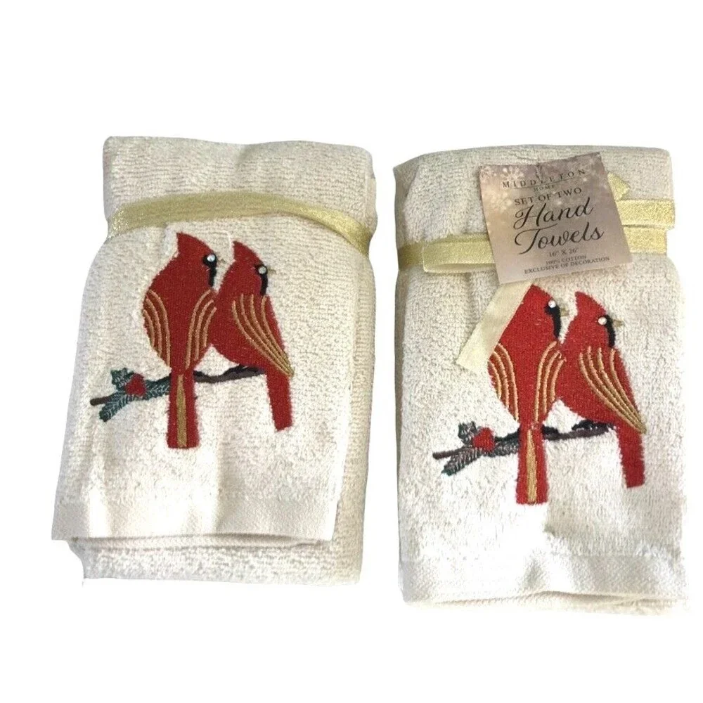 Christmas Cardinal Rhinestone Hand Towels Embroidered Embellished Ivory Set of 2